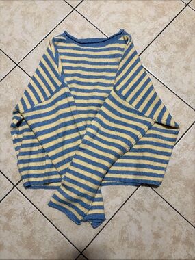 Blue and Yellow Striped Women's Boatneck Sweater